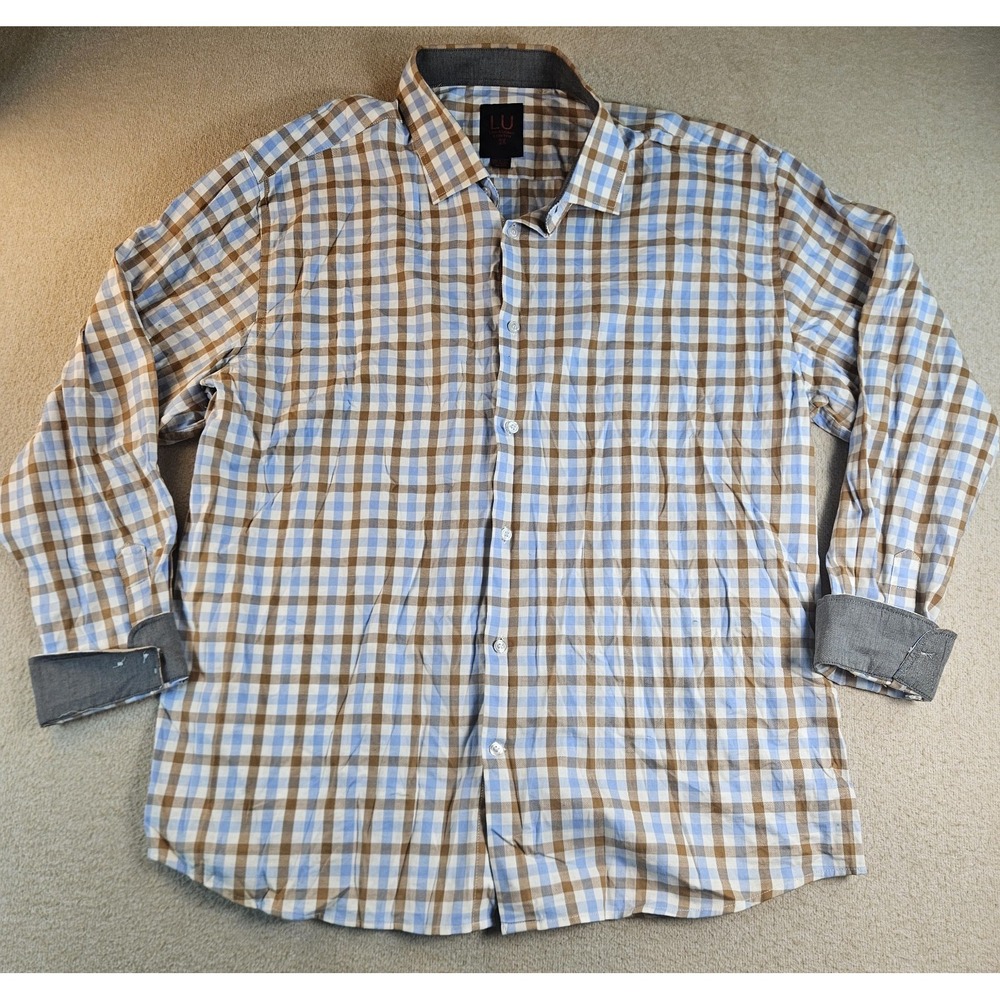 LU Linea Uomo Men's 3X Stretch Plaid Button Down Shirt Blue Brown Long Sleeve